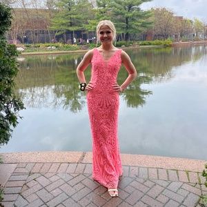 Pink/Coral Full Length Sequence Fitted No-Slit Prom Dress
